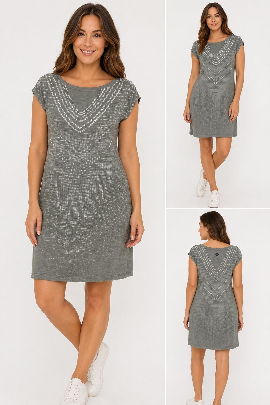 prAna Gray White Geometric Dot Print Stretch Shift Dress Cap Sleeve Size S